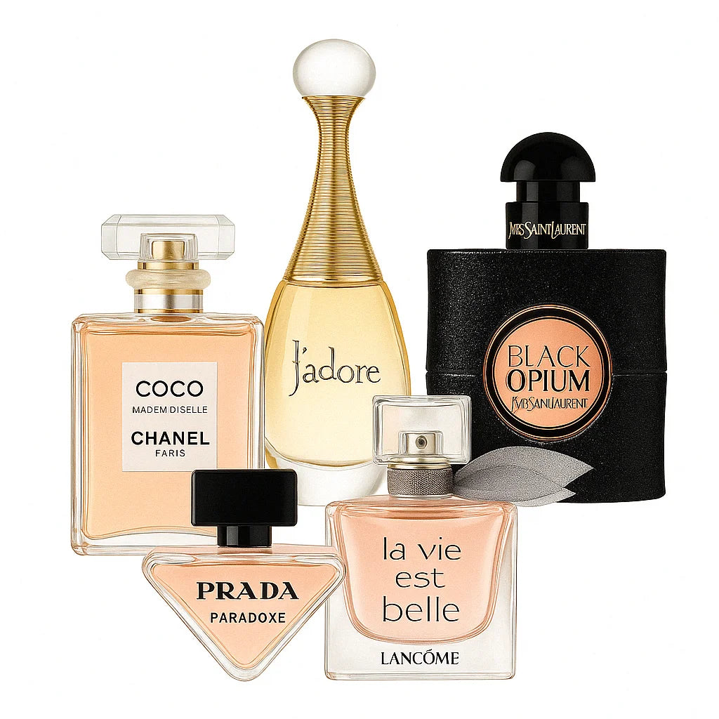 Pack 5 Perfumes: Chanel Coco Mademoiselle, Dior J’adore, Yves Saint Laurent Black Opium, Prada Paradoxe & Lancôme La Vie Est Belle 5×100 ml